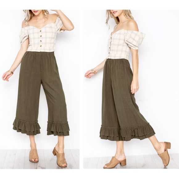 Last☝️Linen/Cotton Ruffle High Waist Culotte Pants - Picture 3 of 7